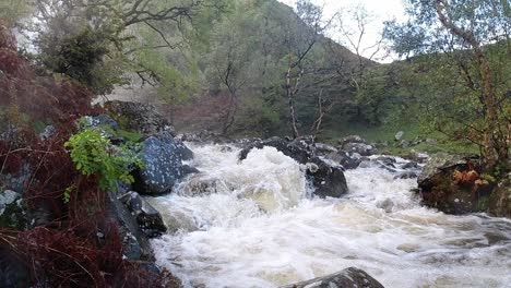 Slow-motion-rocky-flowing-woodland-waterfall-river-water-splashing-on-riverbank-rock-formation