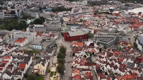 Aerial-View-of-Saint-Petri-Catholic-Church,-Landmark-of-Stavanger-City,-Norway