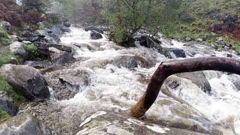 Zeitlupe-Kaskadierender-Fließender-Wasserfall-Flusswasser,-Das-Sich-Durch-Felsiges-Waldlaub-Bewegt
