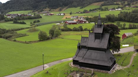 Aerial-View-of-Ancient-Hopperstad-Black-Wooden-Stave-Christian-Church-Monument