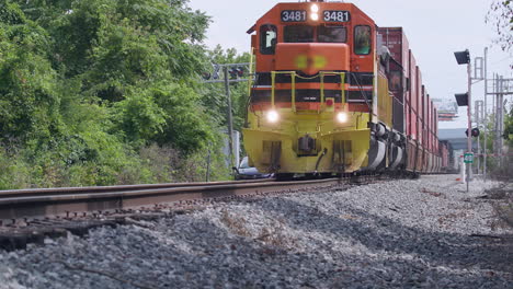Low-angle-view-of-a-freight-train-passing-by-in-slow-motion