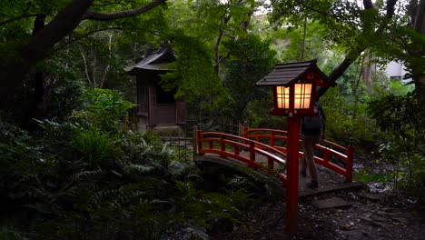 Hiker-exploring-mysterious-Japanese-temple-inside-dark-natural-forest