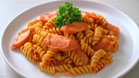 Pasta-En-Espiral-O-Espiral-Con-Salsa-De-Tomate-Y-Salchicha---Estilo-De-Comida-Italiana