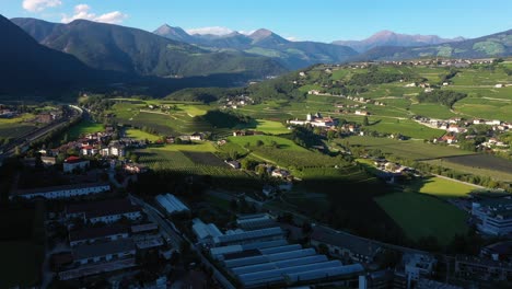 Drone-Panoramización-Revelando-Los-Alpes-Austriacos-Con-Aldea-Y-Campos-De-Hierba-Verde-Durante-El-Día-Soleado-De-Verano-Entre-Austria-Y-Alemania-En-4k