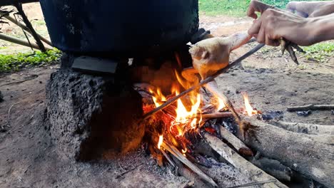 Hands-roasting-chicken-over-campfire.-Static,-high-angle