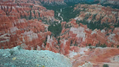 Tilting-up-shot-above-a-hoodoo-canyon-at-Bryce-Canyon-National-Park,-Utah