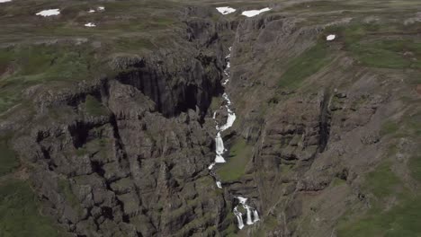 River-with-waterfalls-flow-through-gorge-in-rocky-Iceland-landscape