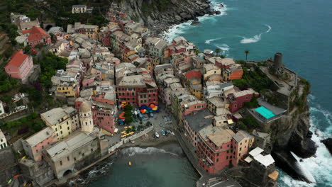 Aerial-Vernazza,-elegant-coastal-village-on-Italian-Riviera