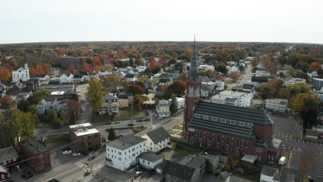 Aerial-panoramic-view-of-a-church-in-lovely-town,-Biddeford,-Maine