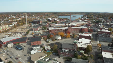 Aerial-view-of-old-mill-buildings-and-Saco-River-in-downtown-Biddeford