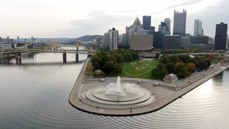 Aerial-turn-at-Point-State-Park,-drone-flying-above-Monongahela-River
