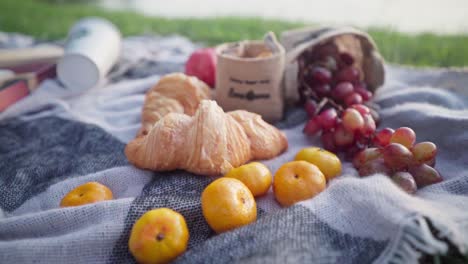 Romantic-picnic-for-two-with-apples,-grapes,-mandarins,-coffee-and-croissants-on-the-beach