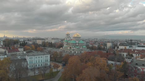 Cathedral-Saint-Aleksandar-Nevski-in-Sofia,-Bulgaria---Aerial-view