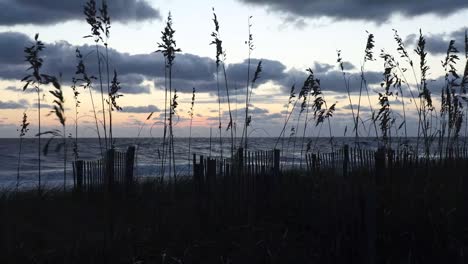 Dramatic-sunrise-sky-over-waves-breaking-on-shore-with-sea-oats-waving-in-strong-coastal-breeze