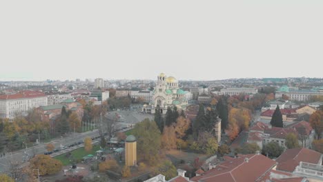 Cathedral-Saint-Aleksandar-Nevski-in-Sofia,-Bulgaria---Aerial-view