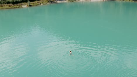 One-guy-swimming-alone-in-the-middle-of-a-green-lake-on-a-summer-day-at-Lake-Tenno,-Italy