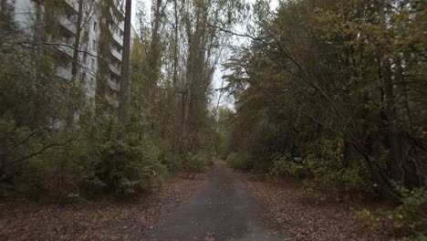 Walking-Through-The-Ghostly-Forest-Trail-In-Chernobyl-Near-An-Abandoned-Building---long-shot