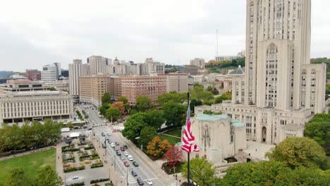 Aerial-turn,-American-flag-at-University-of-Pittsburgh