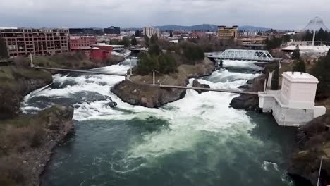 View-Of-Bridges-Over-Spokane-River-In-Washington---pullback-drone-shot