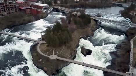 Spokane-Falls---North-Fork-Of-Spokane-River-Splitting-At-Canada-Island---aerial