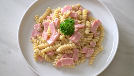 spirali-or-spiral-pasta-mushroom-cream-sauce-with-ham---Italian-food-style
