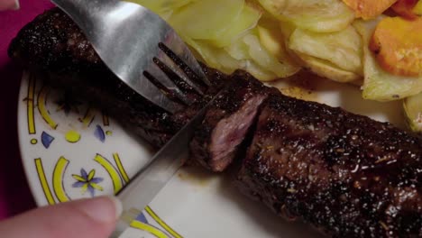 Closeup,-Cutting-piece-of-mouthwatering-beef-steak-and-lifting-out-of-frame