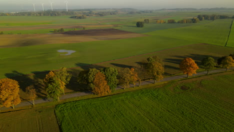 Windmills-and-beautiful-green-farm-landscape-of-Napromek,-Poland--aerial