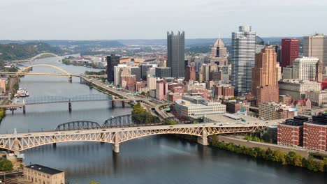 Aerial-of-Pittsburgh,-PA,-USA-skyline-as-seen-from-above-Station-Square,-South-Shore