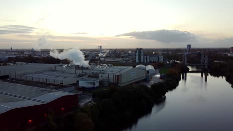 Industrial-pollution-Manchester-during-sunset,-sunrise-horizon