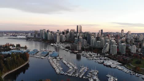 rare-golden-hour-aerial-right-sweep-of-downtown-skyline-facing-coal-harbour