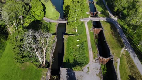 Aerial-of-double-out-of-service-staircase-lock-named-Gamle-Dal-in-sunny-Sweden