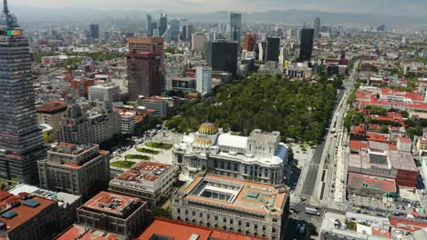 Aerial-View-of-Alameda-Park,-Palacio-de-Bellas-Artes,-Skyscrapers-in-Mexico-City