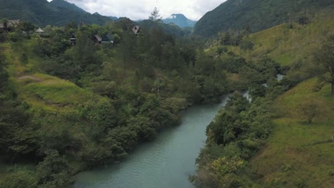 Drone-aerial-view-flying-over-the-river-in-the-tropical-jungles-of-Guatemala,-Central-America