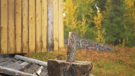 Man-Splitting-Firewood-using-Hatchet-outside-Woodshed-amidst-forest-during-Autumn-season---Wide-slide-slow-motion-shot