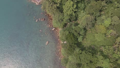 Aerial,-birds-eye-view-forward-dolly-spin-left-shot-of-tropical-rocky-granite-ocean-coastline-with-lush-tropical-forest-vegetation-on-a-Island