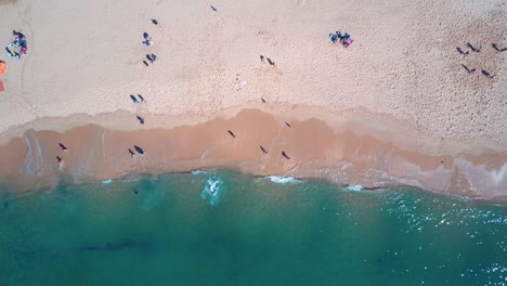 Top-down-aerial-of-perfect-beach-scene-with-people-enjoying-water-in-Wattamolla