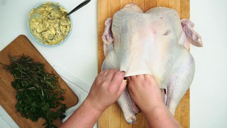 Stuffing-Fresh-Whole-Turkey-With-Rosemary-And-Cilantro-Herb-Butter---overhead-shot