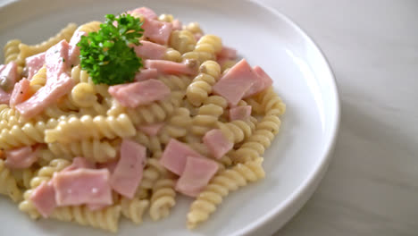 spirali-or-spiral-pasta-mushroom-cream-sauce-with-ham---Italian-food-styl