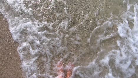 Slow-motion-view-of-two-feet-walking-standing-and-wriggling-toes-on-a-sandy-beach-while-waves-of-ocean-water-splash-onto-the-shore
