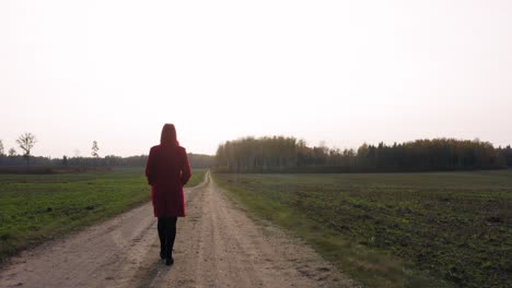 Lonely-girl-in-red-coat-walking-slow-towards-bright-sun-and-forest