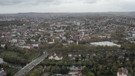 Drone-Aerial-Shot-of-the-german-city-center-of-Kassel-in-Germany,-Hessen,-Europe