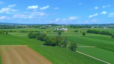 Luftaufnahme-Von-Grünen,-Strukturierten-Ackerflächen,-Auf-Denen-Mais-Und-Anderes-Gemüse-An-Einem-Schönen-Sommertag-Wachsen