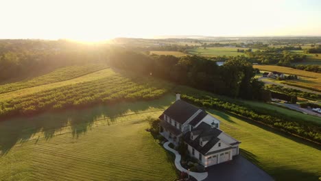 Countryside-estate-home-set-among-rural-farmland-and-orchard-meadow-during-sunrise