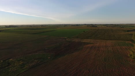 Luftaufnahme-Von-Flachen-Landwirtschaftlichen-Feldern-In-Der-Landschaft-Argentiniens-Bei-Sonniger-Abendsonne,-Drohnenaufnahme