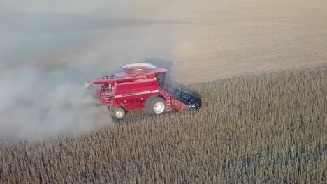 Aerial-drone-pan-around-a-red-combine-picking-soybeans-in-a-large-dusty-field-about-an-hour-before-sundown