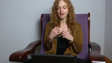 Woman-wave-hands,-talks-with-gestures,-use-laptop-for-online-meeting,-video-call