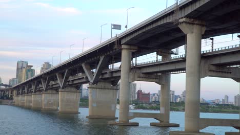 Close-up-of-Cheongdam-bridge-with-concrete-pillars-and-double-platform