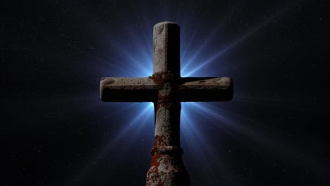 a-cross-made-of-stone-and-an-optical-flare-with-a-star-background-at-night