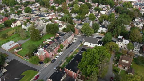 Descending-aerial-on-section-of-row-homes-in-urban-city-in-United-States