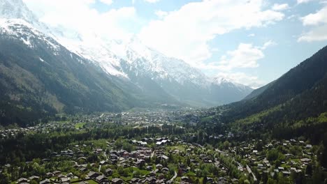 Chamonix-village-in-French-Alps-mountain-valley,-aerial-view